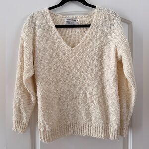 Vintage Cream V-Neck Sweater, Size Medium